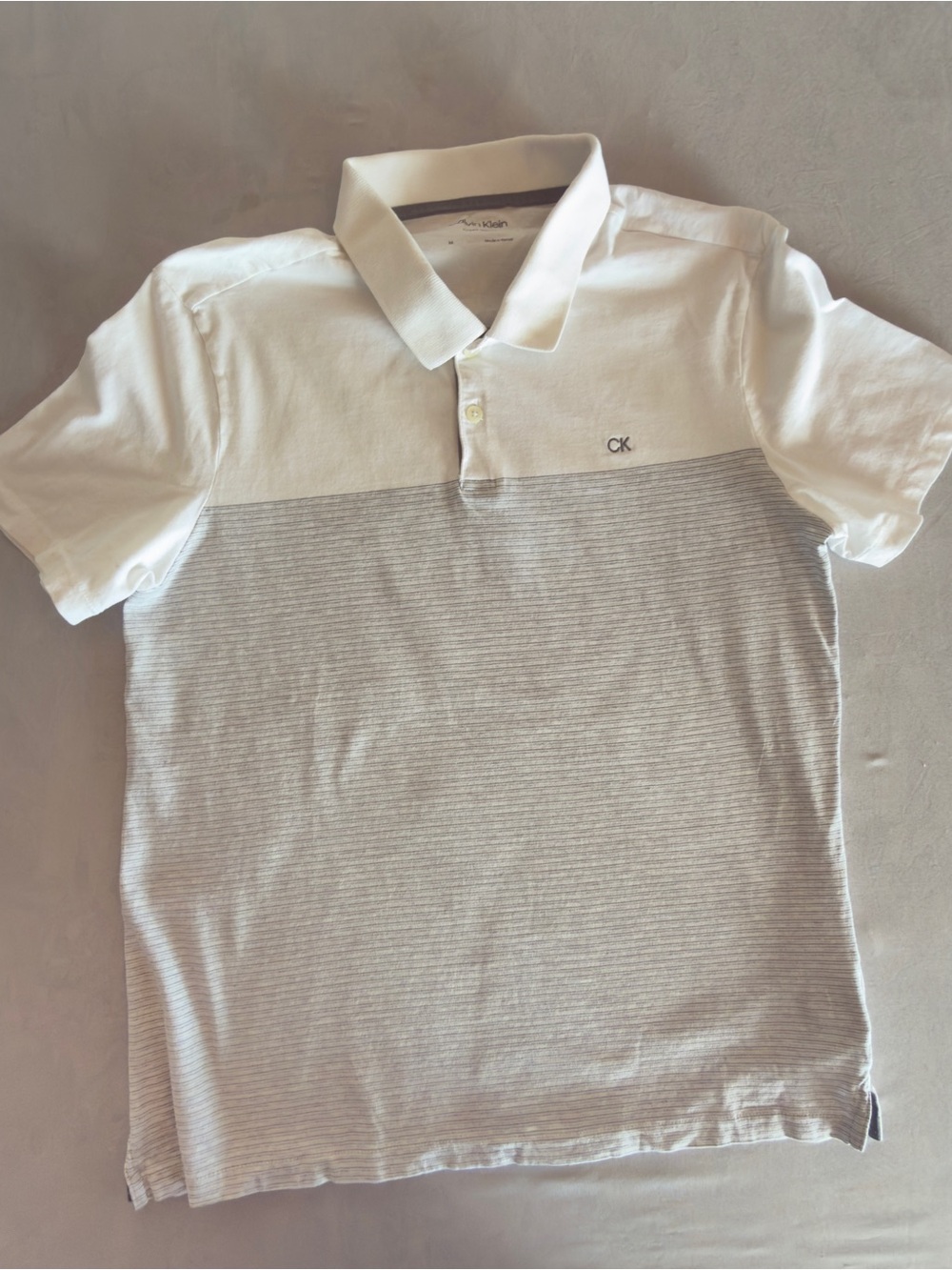 Calvin Klein White Polo with Light Gray Striped Lower